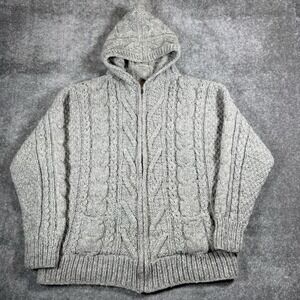 Vintage Sweaterman Jacket Men's Large Gray Chunky Cable Knit Hooded Full Zip